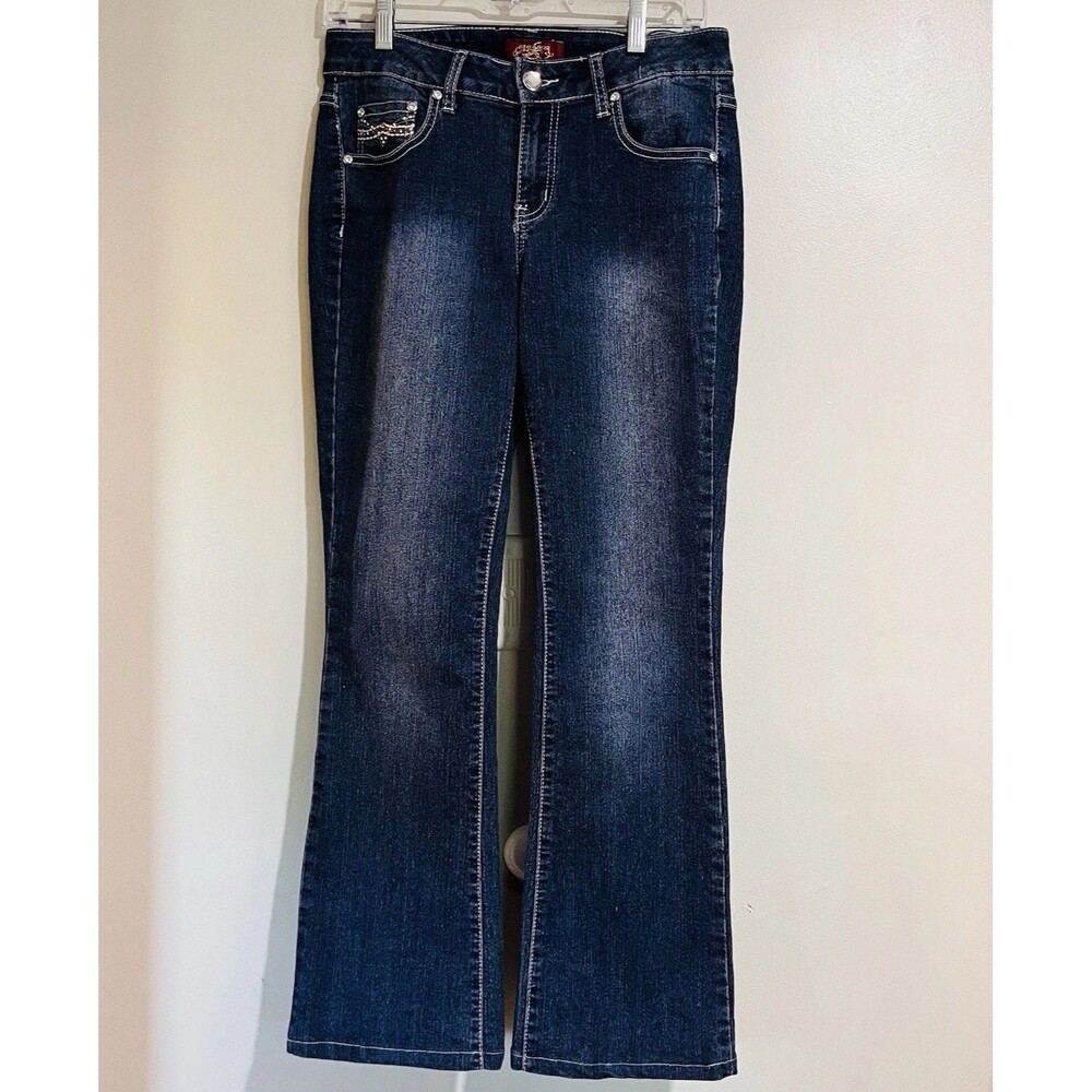 One Five One 8 Jean Womens Blue Bootcut Mid Rise Stretch Relax Bling Size 6